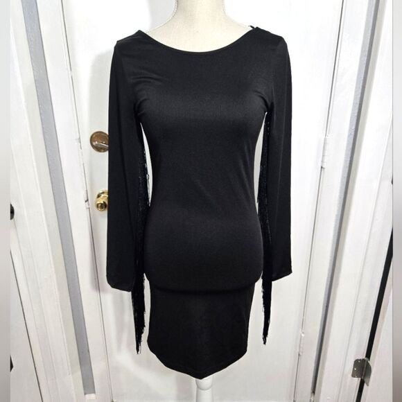 H&M black bodycon mini dress with fringe long sleeves sz 10 - Picture 2 of 9